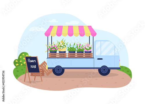 Floral cart 2D vector web banner, poster. Selling flowers from van flat scenery on cartoon background. Retail service. Bouquet sale from delivery truck printable patch, colorful web element
