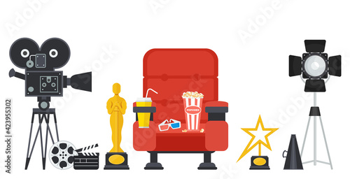 Film directors chair with megaphone, projector, camera and clapboard