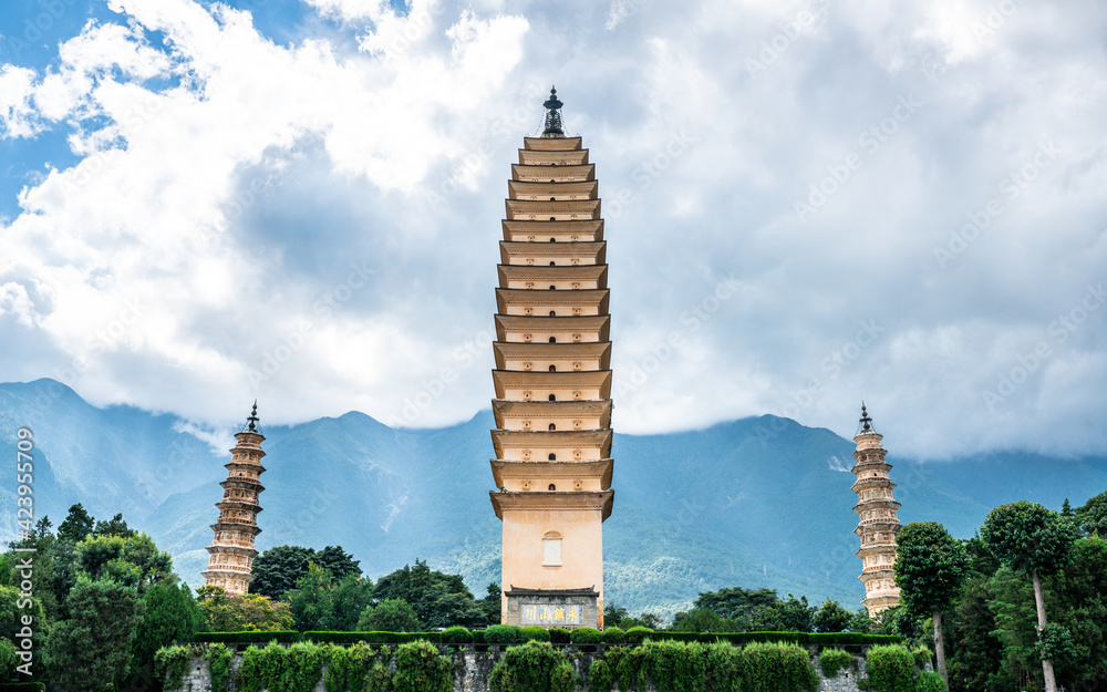 Front view of the Three Pagodas of Chongsheng Temple with overcast weather Dali Yunnan China