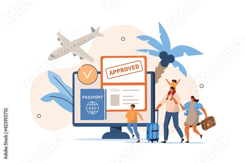 Characters Planning Travel Trip. Family Preparing Visa and Passport, Booking Flight and Hotels. Vacation and Tourism Concept. Flat Cartoon Vector Illustration.