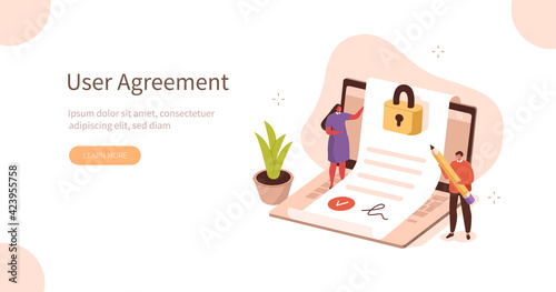 People Characters Inspecting Contract Document, Reading Privacy Policy and Terms and Conditions. Businessman Signing Contract. User Agreement Concept. Flat Isometric Vector Illustration.