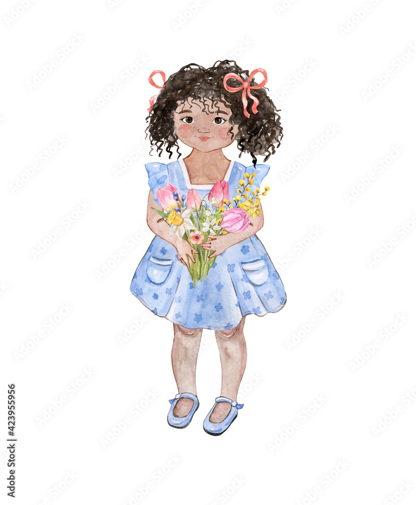 Cute baby girl in a blue dress with bunch of spring flowers in hands, watercolor hand painted illustration. Smiling happy african american kid painting. For mothers or fathers day cards, holidays Cute baby girl in a blue dress with bunch of spring flowers in hands, watercolor hand painted illustration. Smiling happy african american kid painting. For mothers or fathers day cards, holidays