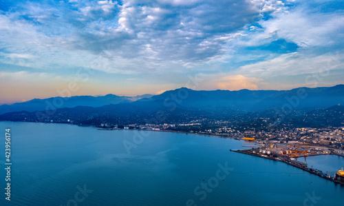 View of the city of Batumi  sea  mountains from a drone