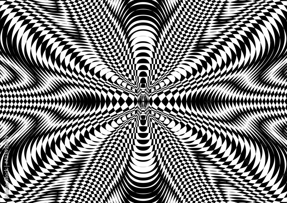 Moire effect, black-white hypnotic pattern, psychedelic background. Op art, optical illusion. Modern design, graphic texture. - obrazy, fototapety, plakaty 