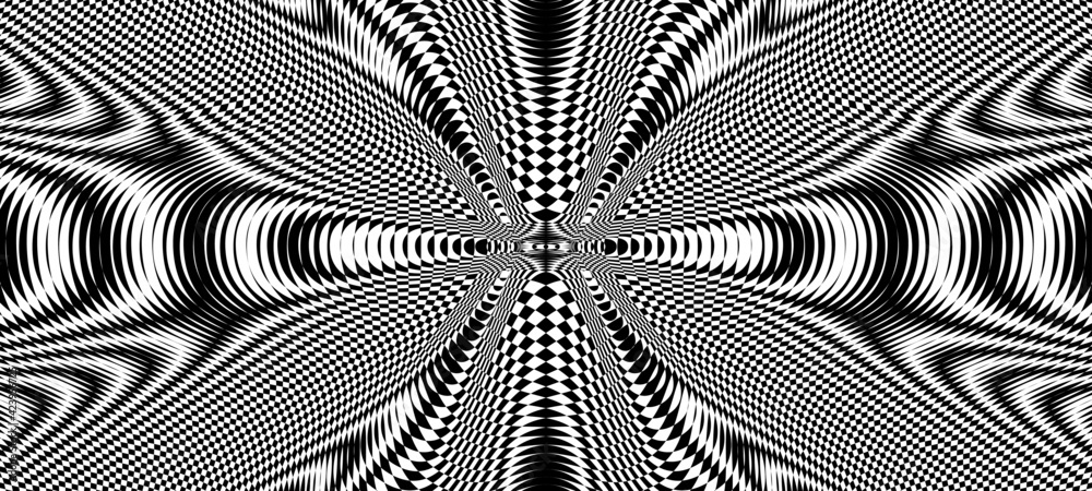 Moire effect, geometric pattern, psychedelic wave. Op art, optical illusion. Modern design, graphic texture. - obrazy, fototapety, plakaty 