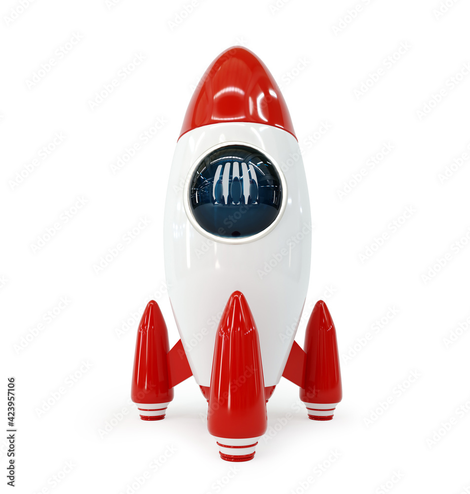 Red toy rocket isolated on whte background. 3D rendering - obrazy, fototapety, plakaty 