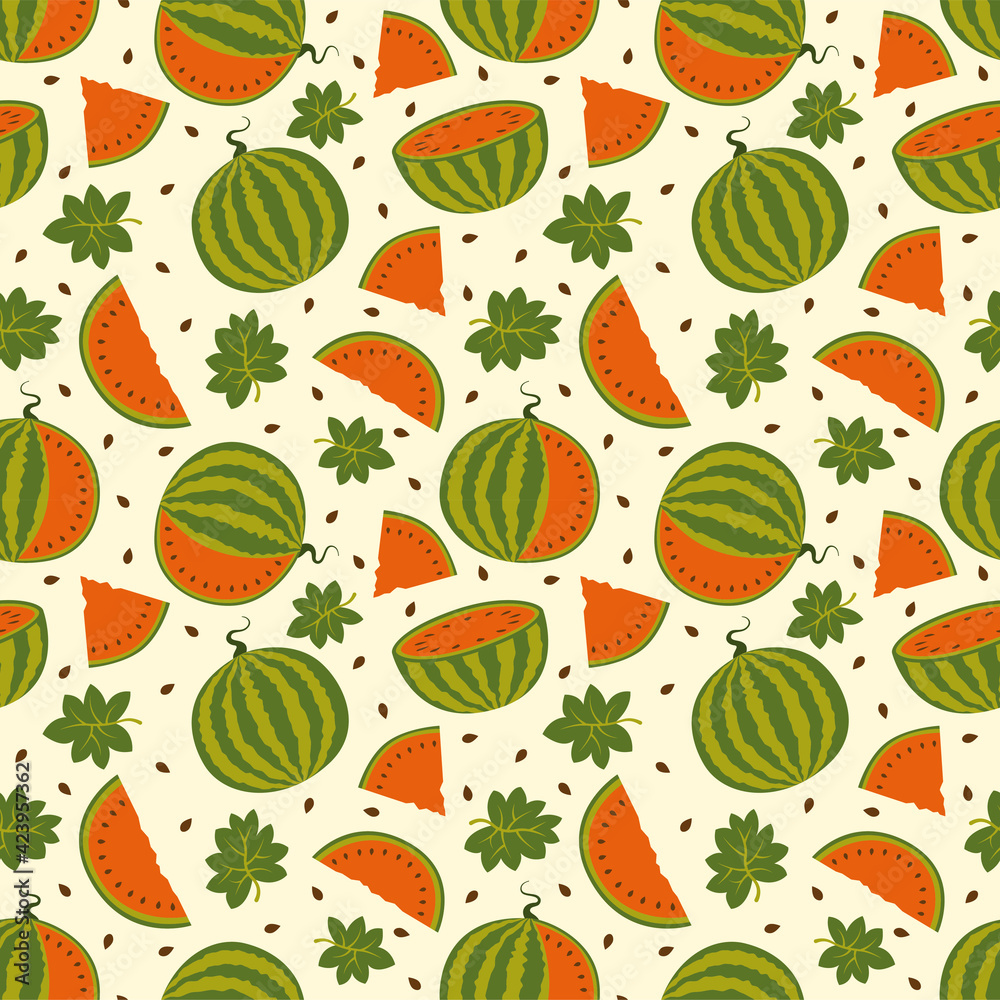 Seamless pattern with watermelons, seeds and leaves. Pattern with retro color. Seamless pattern with watermelons, seeds and leaves. Pattern with retro color.