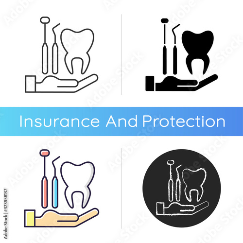 Dental insurance icon. Dental care. Healthy teeth achieving. Checkups for dental disorder prevention. Covering dentist visit. Linear black and RGB color styles. Isolated vector illustrations