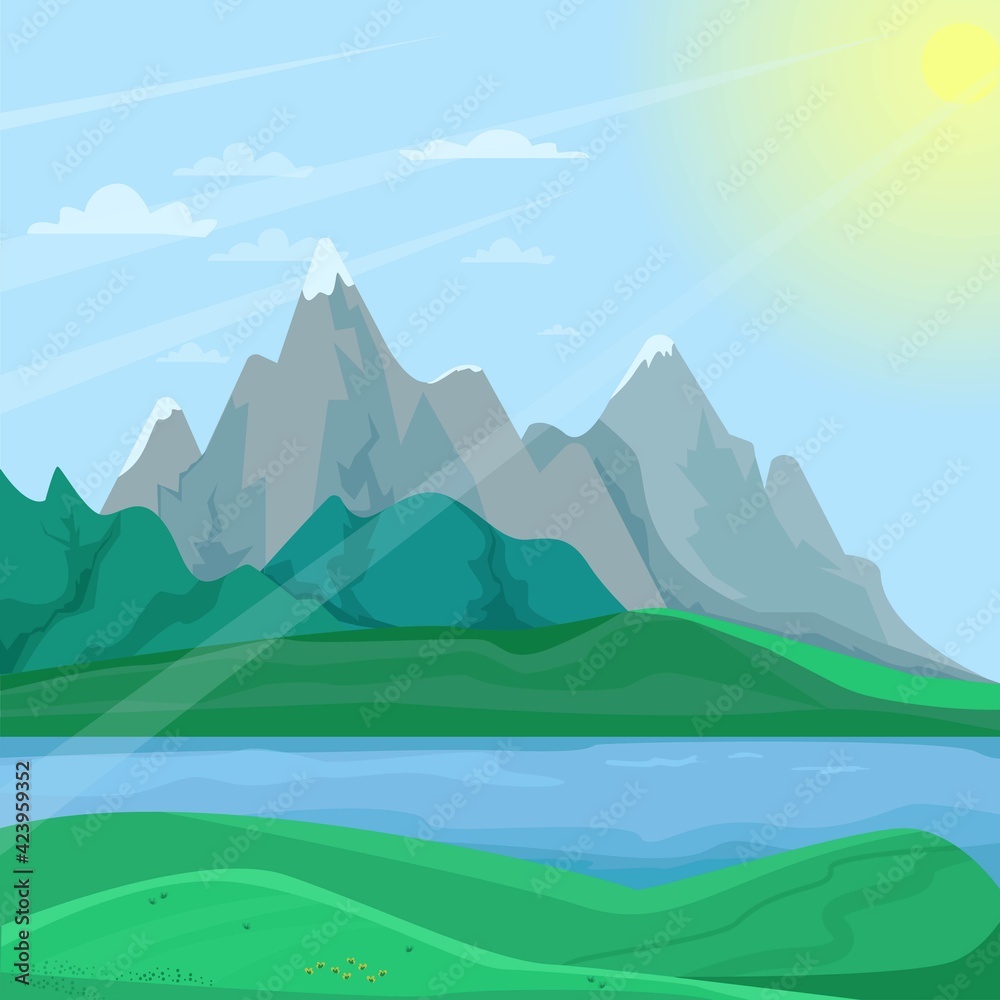 Naklejka premium Mountain spring landscape, mountains with snow-capped peaks, river between the banks, beautiful spring day in the mountains, vector illustration in flat style.