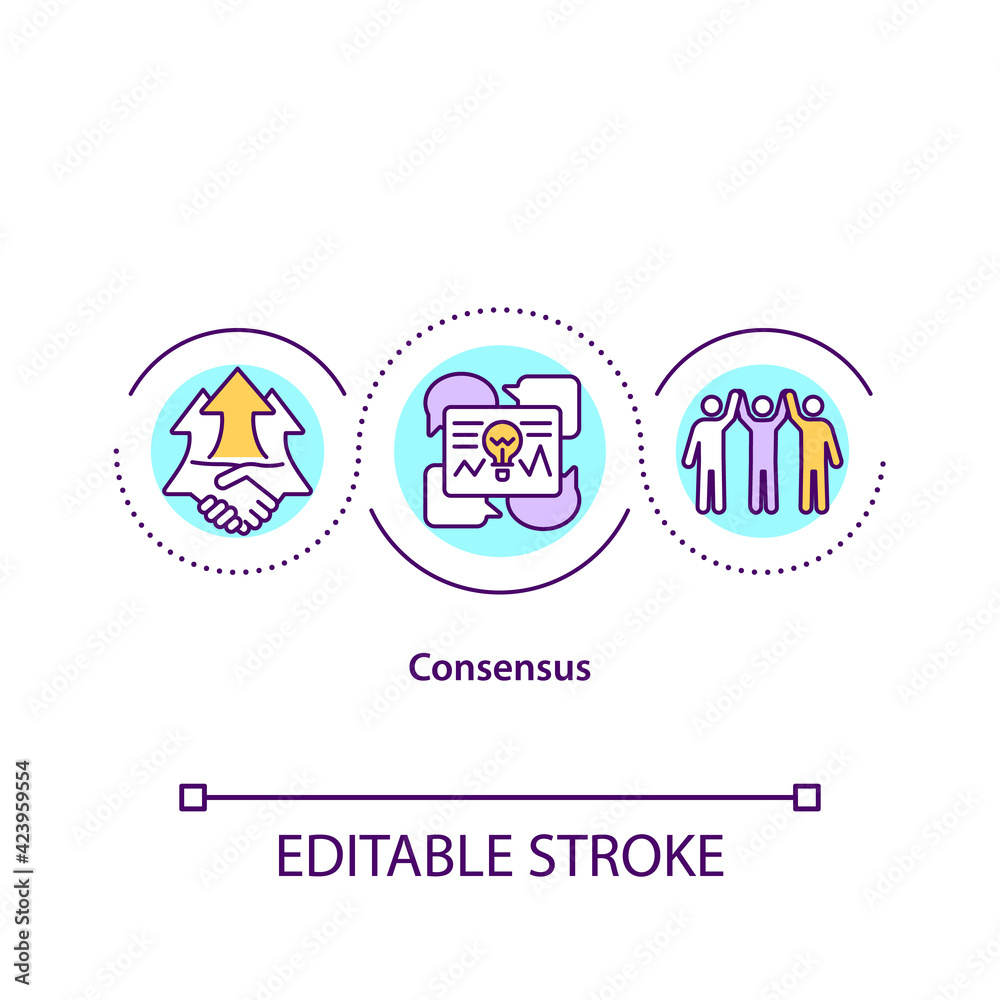 Consensus concept icon. Agreement in work. Effective teamwork. Productivity in job. Problem solving strategy idea thin line illustration. Vector isolated outline RGB color drawing. Editable stroke