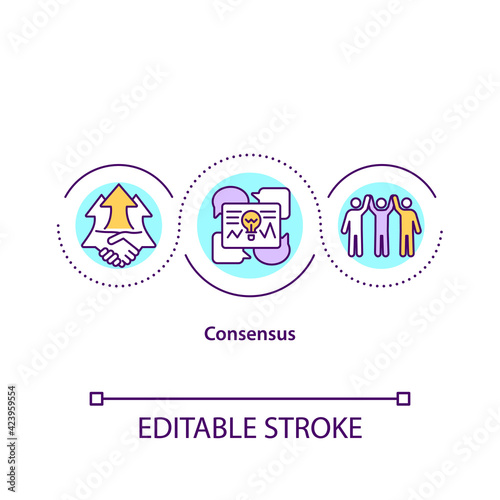 Consensus concept icon. Agreement in work. Effective teamwork. Productivity in job. Problem solving strategy idea thin line illustration. Vector isolated outline RGB color drawing. Editable stroke