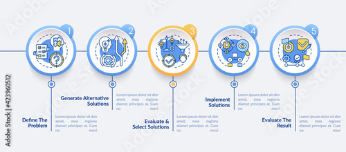 Problem solving steps vector infographic template. Creative thinking presentation design elements. Data visualization with 5 steps. Process timeline chart. Workflow layout with linear icons