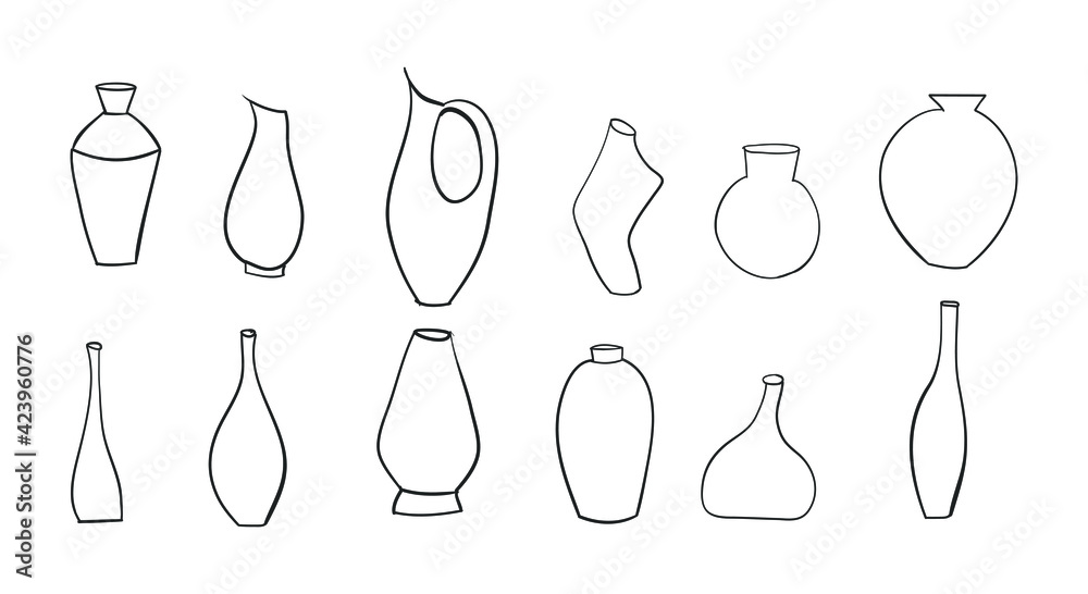 Set of abstract doodle ceramic vases of different shapes. Black outline silhouettes. Antique, ancient ceramics. Pottery concept. Set of abstract doodle ceramic vases of different shapes. Black outline silhouettes. Antique, ancient ceramics. Pottery concept.