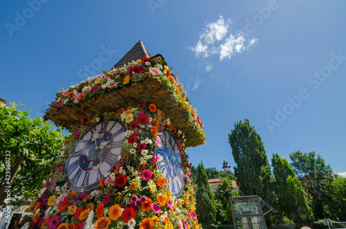 Canvastavla The famous clock tower, one of the city of Graz attractions, made of flowers and