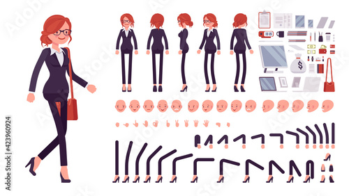 Businesswoman, red haired office worker construction set. Manager, administrative person, corporate employee dress code and objects. Cartoon flat style infographic illustration, different emotions