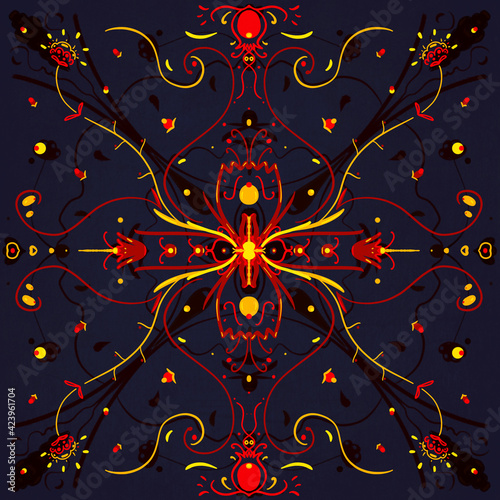 Botanical mandala on a dark background with ethnic ornament. Vintage pattern with fiery orange and red flowers for decor, textiles, fabrics, packaging, wrapping paper, wallpaper, design, prints.