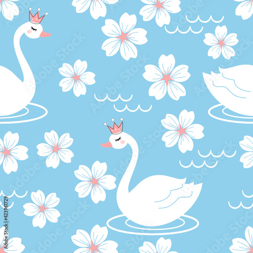 Seamless pattern with swans and little flower on blue background vector illustration.