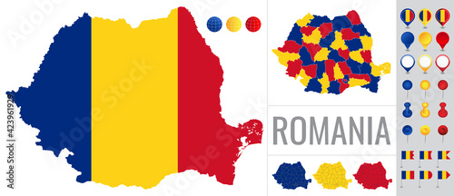 Tablou pe pânză Romania vector map with flag, globe and icons on white background