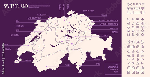 Detailed map of Switzerland with administrative divisions on dark background, country big cities and icons set, vector illustration