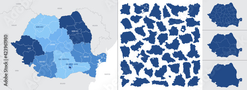 Detailed, vector, blue map of Romania with administrative divisions country