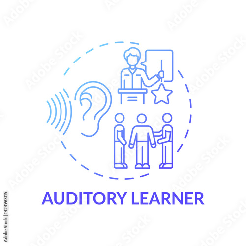 Auditory learner blue gradient concept icon. Learning by sound. Hearing information. Self development and studying idea thin line illustration. Vector isolated outline RGB color drawing