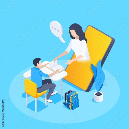isometric vector illustration on a blue background, a guy sits at a desk in front of a smartphone screen and an online teacher explaining a lesson