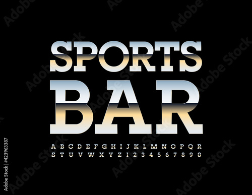 Vector business logo Sports Bar. Metallic shiny Font. Set of silver Alphabet Letters and Numbers set