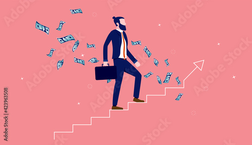 Career ladder and money - Businessman walking up stairs earning money. Business and career growth concept. Vector illustration.