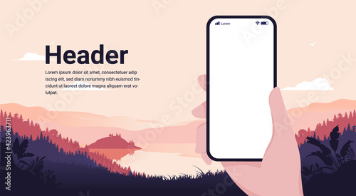 Smartphone mockup outdoors - Hand holding phone in nature landscape wit blank screen and copy space for text. Vector illustration.