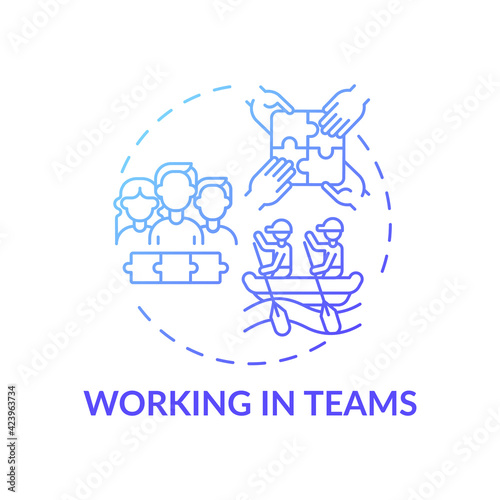 Working in teams blue gradient concept icon. Cooperative effort. Collaboration to achieve goals. Self development idea thin line illustration. Vector isolated outline RGB color drawing