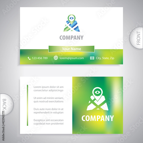 Business card template. Gps point navigation symbol with map. Concept for transport delivery, logistics, tourist navigation, travel routes, finding your way.