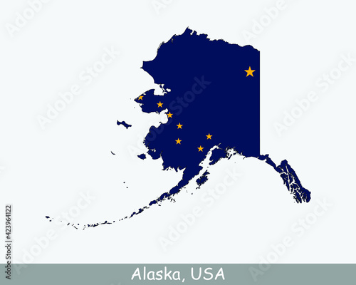 Alaska Map Flag. Map of Alaska, USA with the state flag of Alaska isolated on white background. United States, America, American, United States of America, US, AK State. Vector illustration.