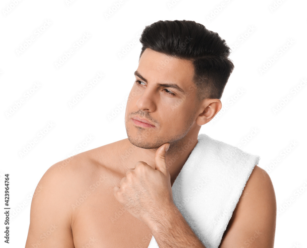 Handsome man with stubble before shaving on white background Handsome man with stubble before shaving on white background
