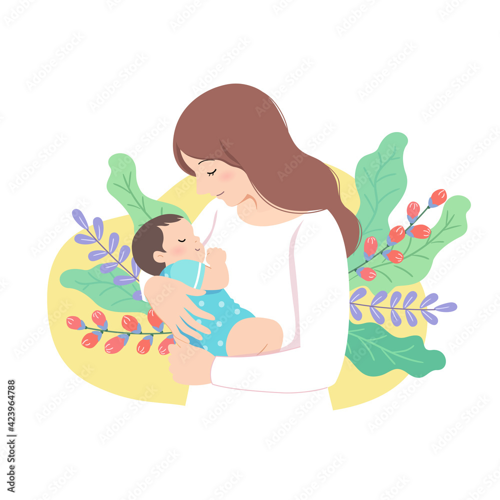 Mother is looking down at the baby in her arms, warm feeling Mother is looking down at the baby in her arms, warm feeling