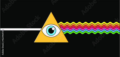 Flat cartoon-style illustration with a triangular dispersive optical prism scattering light into the spectral components of the colors of the rainbow. 