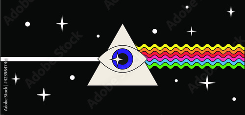 Flat cartoon-style illustration with a triangular dispersive optical prism scattering light into the spectral components of the colors of the rainbow. 