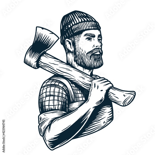 Silhouette of carpenter or axeman. Woodworker and logger with axe in his hands. Monochrome print of beardeded lumberjack