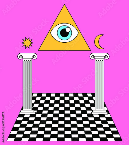 Surreal Masonic landscape with the eye of providence in a triangle and ancient columns on the checkered floor. Trendy occult psychedelic style illustration.