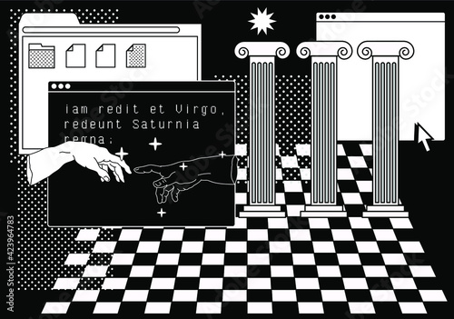 Retro vaporwave desktop with message boxes and user interface elements. Surreal collage.