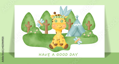 Watercolor cute boho giraffe in the forest greeting card.