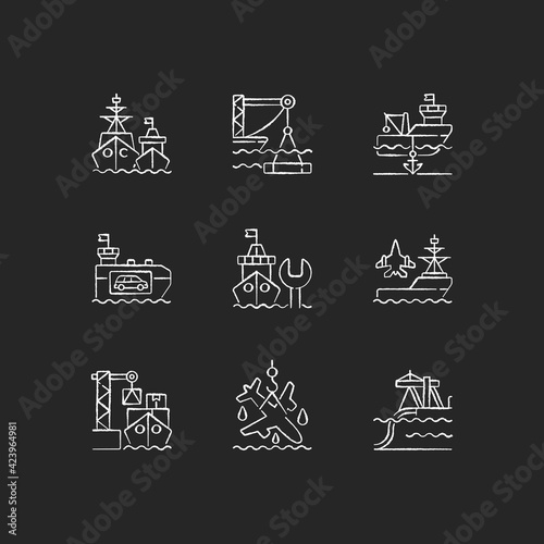 Marine industry sector chalk white icons set on black background. Industrial fishing. Vehicle carrier ship. Offshore oil platform. Glyph contour symbols. Vector isolated outline illustrations