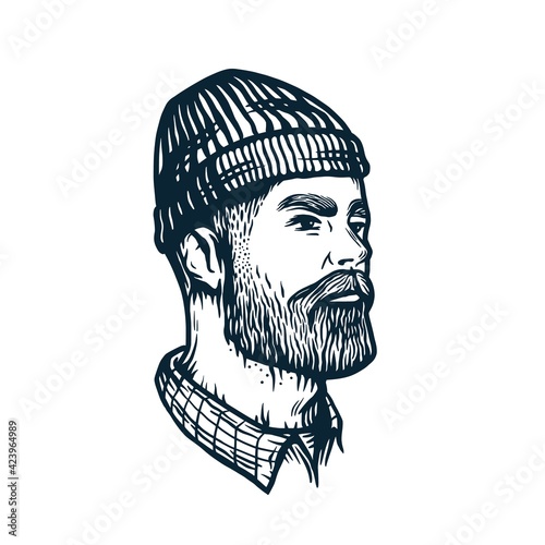 Profile of face of bearded men or hipster. Lumberjack, axeman and handyman in hat. Sailor in shirt