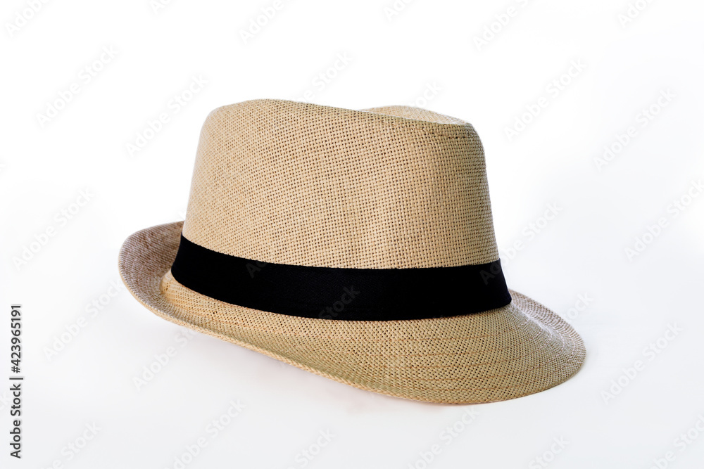 Panama model hat, straw hat with black ribbon isolated on white background.