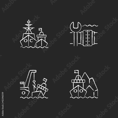 Maritime structures and regulation chalk white icons set on black background. Military force unit. Underwater pipeline repair. Towing, re-floating. Isolated vector chalkboard illustrations