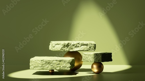Fototapeta Naklejka Na Ścianę i Meble -  3d render, abstract green background with shadows and bright sunlight. Minimal scene with rough cobblestone slabs balancing on golden balls, showcase for product presentation
