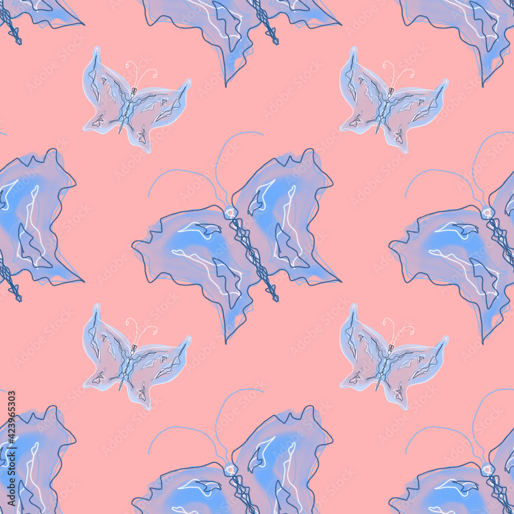 Seamless pattern, watercolor blue butterflies. Seamless pattern, watercolor blue butterflies.