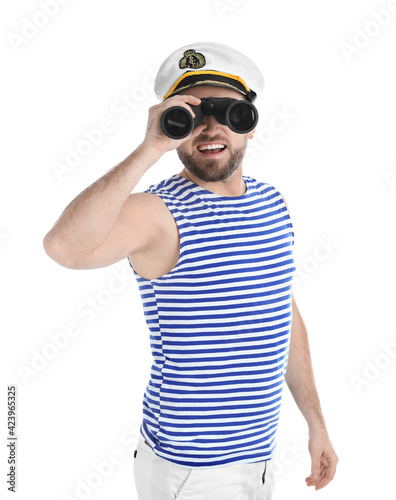 Happy sailor looking through binoculars on white background © New Africa