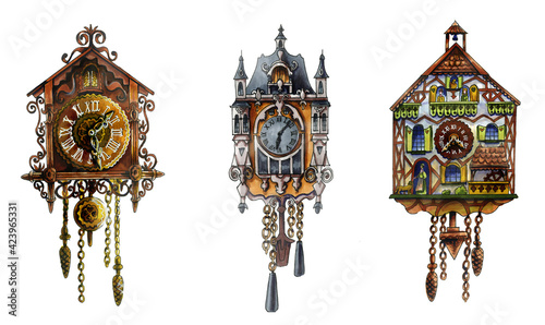 A set of old German cuckoo clocks. A collection of carved retro clocks isolated on a white background. Beautiful watercolor illustration for books and holiday cards. For design and decoration