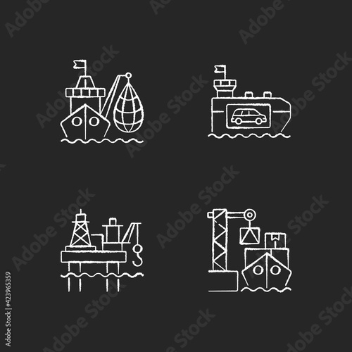 Marine industry sector chalk white icons set on black background. Industrial fishing. Vehicle carrier ship. Offshore oil platform. Cargo loading. Isolated vector chalkboard illustrations