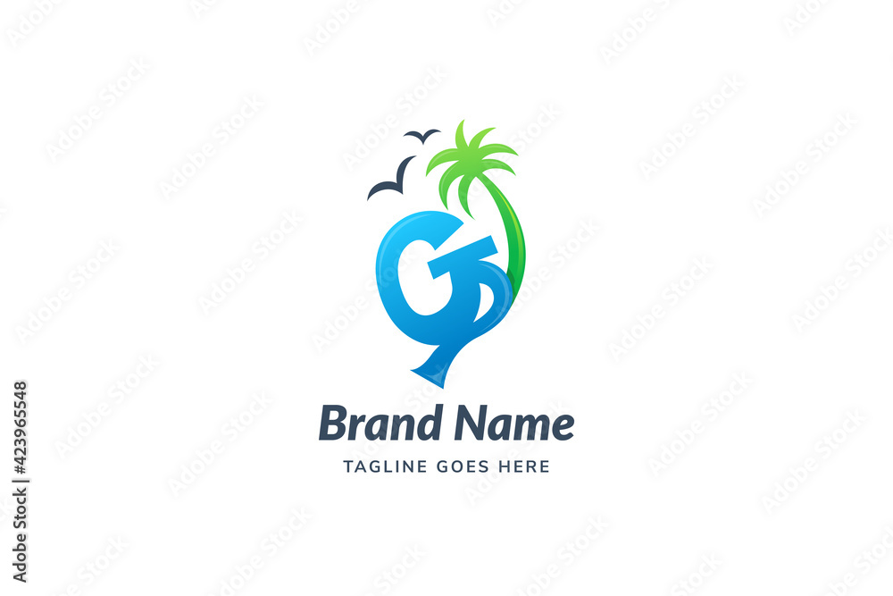 Letter G logo combined with coconut tree and bird icon design vector illustration isolated in white background.